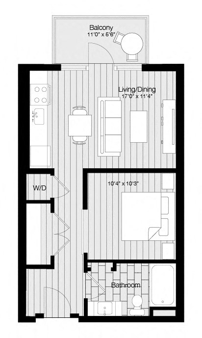 Floor plan for studio, 1 bath, 538 sqft